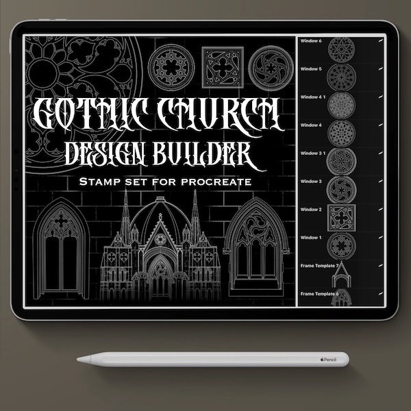 Procreate tattoo, Gothic Church, stamp set for procreate