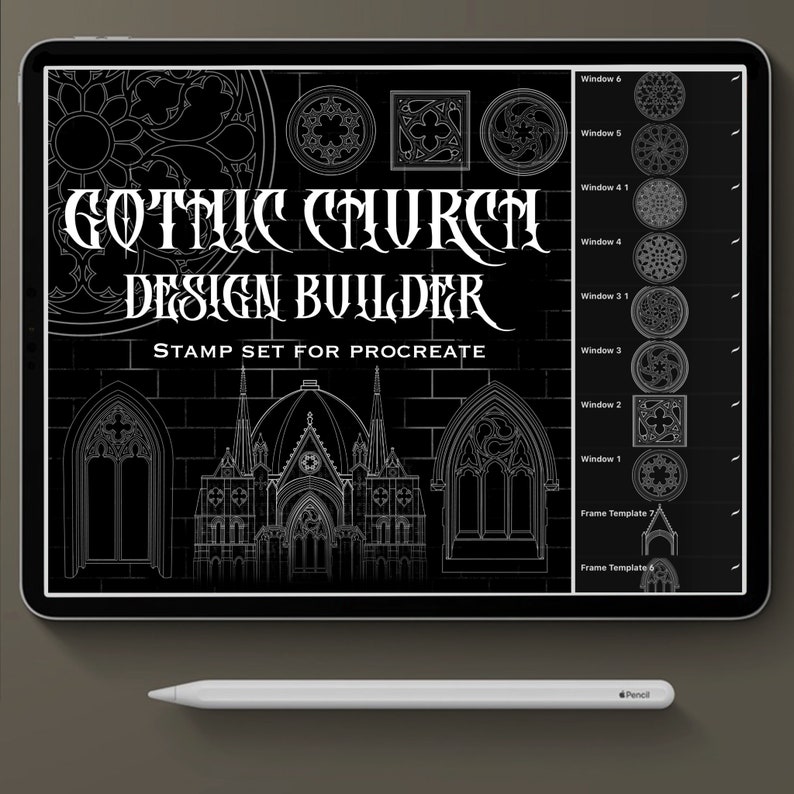 K&ouml;nnte beinhalten: Digitale Illustration auf einem Tablet mit einem gotischen Kirchen-Design-Set. Der Text lautet "Gothic Church Design Builder, Stamp Set for Procreate". Enth&auml;lt architektonische Elemente und einen wei&szlig;en Apple Pencil.