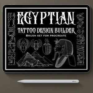 Könnte beinhalten: Ein schwarzes digitales Tablet zeigt einen ägyptischen Tattoo-Design-Builder. Der Bildschirm zeigt weiße Strichzeichnungen von Skarabäen, Pyramiden und Pharaonen, mit dem Text "EGYPTIAN TATTOO DESIGN BUILDER" und "BRUSH SET FOR PROCREATE". Ein weißer Stift liegt darunter.