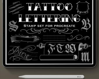 May include: A black tablet displays a tattoo lettering stamp set for Procreate. The design features various fonts, banners, and decorative elements in white. A white Apple Pencil rests below the tablet.