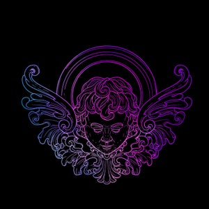 Pu&ograve; includere: Illustrazione dettagliata del volto di un cherubino con ali e un'aureola, resa in un gradiente di viola e blu su sfondo nero. I lineamenti del cherubino sono finemente dettagliati, con capelli fluenti e disegni alari ornati.