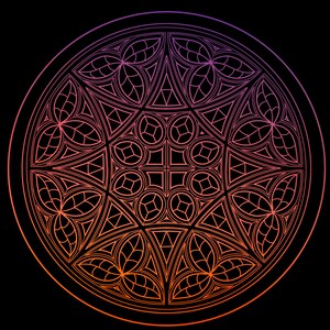 K&ouml;nnte beinhalten: Symmetrisches kreisf&ouml;rmiges Design mit einem Farbverlauf von Orange nach Lila auf schwarzem Hintergrund. Das komplizierte Muster besteht aus geometrischen Formen, darunter Dreiecke, Kreise und blattartige Elemente, die ein verziertes Design bilden.