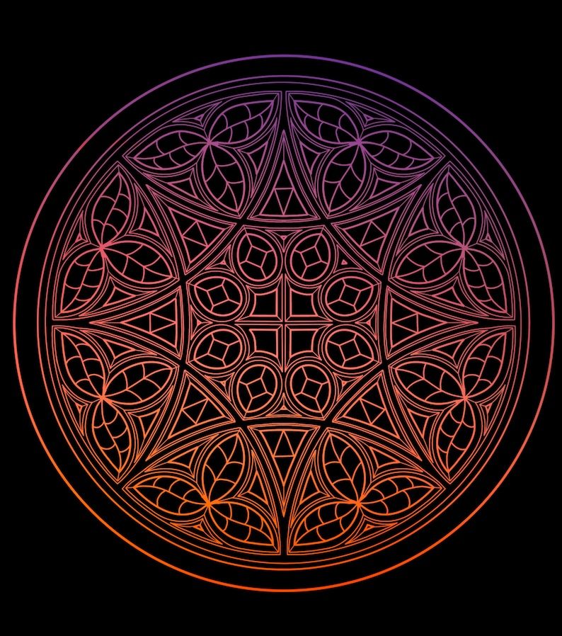 K&ouml;nnte beinhalten: Symmetrisches kreisf&ouml;rmiges Design mit einem Farbverlauf von Orange nach Lila auf schwarzem Hintergrund. Das komplizierte Muster besteht aus geometrischen Formen, darunter Dreiecke, Kreise und blattartige Elemente, die ein verziertes Design bilden.