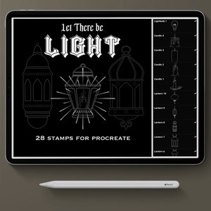 Puede incluir: Una tableta digital negra muestra ilustraciones de linternas y velas. El texto "Let There be LIGHT" y "28 STAMPS FOR PROCREATE" también son visibles. Un lápiz óptico blanco descansa debajo.