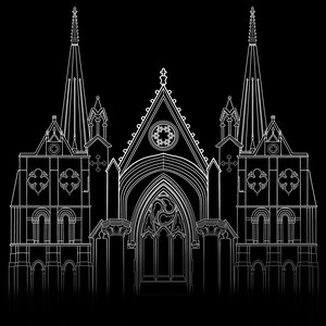K&ouml;nnte beinhalten: Detaillierte wei&szlig;e Strichzeichnung einer Kathedrale vor schwarzem Hintergrund. Die Illustration zeigt spitze T&uuml;rme, Bogenfenster und dekorative Elemente im gotischen Architekturstil.