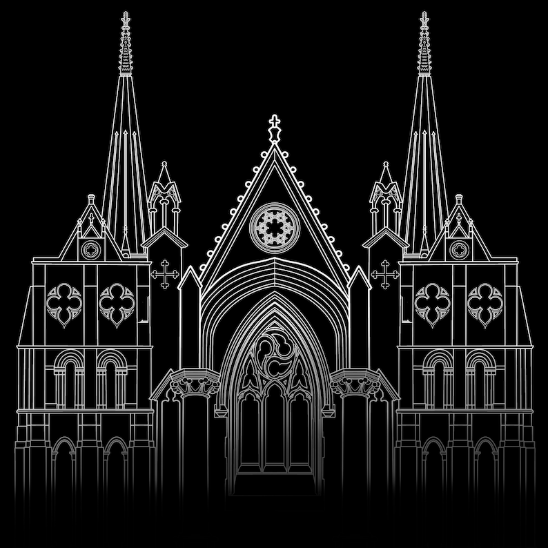 K&ouml;nnte beinhalten: Detaillierte wei&szlig;e Strichzeichnung einer Kathedrale vor schwarzem Hintergrund. Die Illustration zeigt spitze T&uuml;rme, Bogenfenster und dekorative Elemente im gotischen Architekturstil.
