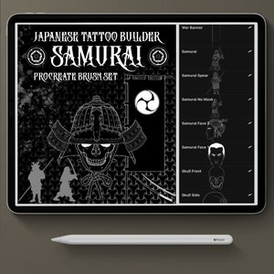 Puede incluir: Ilustración digital en una tableta con temática de samurái japonés. El diseño incluye una calavera con casco, una pancarta con un emblema circular y el texto "Japanese Tattoo Builder Samurai Procreate Brush Set". Un lápiz óptico blanco descansa debajo.