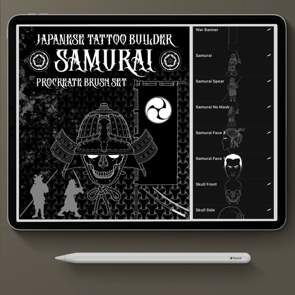 Procreate tattoo brush set, japanese tattoo builder, Samurai stamp set