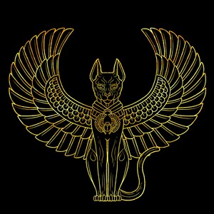 Peut inclure: Illustration dor&eacute;e d'une divinit&eacute; &eacute;gyptienne en forme de chat avec de grandes ailes, sur fond noir. Le chat est orn&eacute; d'un pendentif scarab&eacute;e. L'&oelig;uvre pr&eacute;sente des traits d&eacute;taill&eacute;s et un design stylis&eacute;.