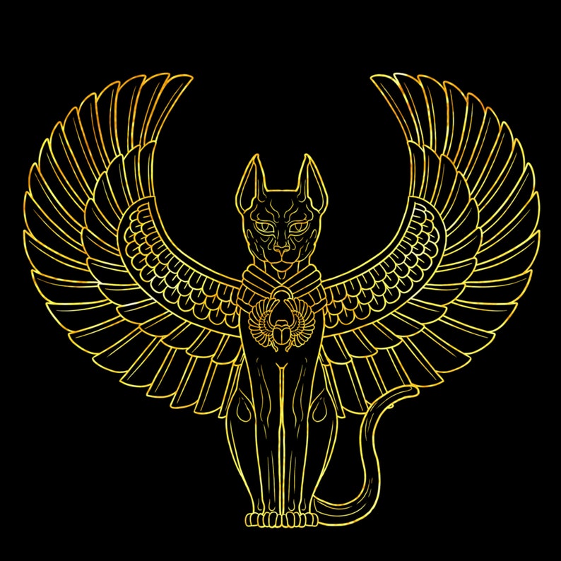 Peut inclure: Illustration dor&eacute;e d'une divinit&eacute; &eacute;gyptienne en forme de chat avec de grandes ailes, sur fond noir. Le chat est orn&eacute; d'un pendentif scarab&eacute;e. L'&oelig;uvre pr&eacute;sente des traits d&eacute;taill&eacute;s et un design stylis&eacute;.