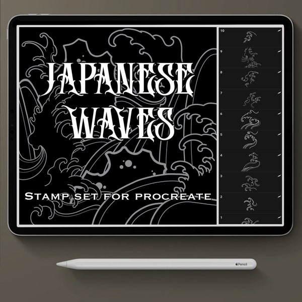 Procreate tattoo brush set, Japanese Waves, procreate stamp set