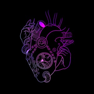 Pu&ograve; includere: Illustrazione al tratto al neon di un cuore meccanico su sfondo nero. Il cuore presenta ingranaggi, indicatori e tubi, con mani che tengono attrezzi. La sfumatura di colore passa dal viola al rosa.