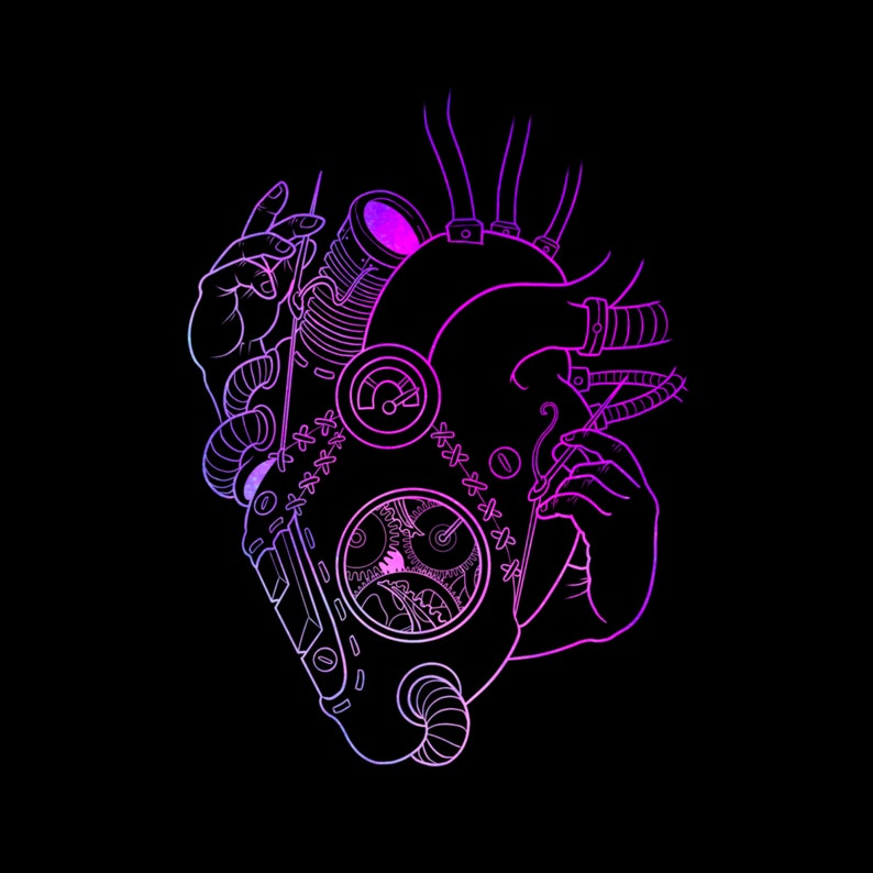 Pu&ograve; includere: Illustrazione al tratto al neon di un cuore meccanico su sfondo nero. Il cuore presenta ingranaggi, indicatori e tubi, con mani che tengono attrezzi. La sfumatura di colore passa dal viola al rosa.