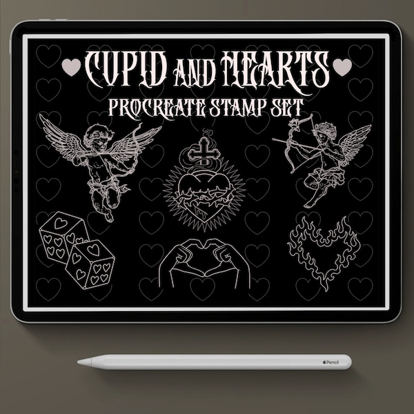 Procreate tattoo brush set, Cupid and heart tattoo time saver and design builder, cupid and heart stamp set for procreate