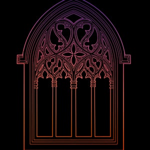 K&ouml;nnte beinhalten: Eine Illustration eines gotischen Fensters mit gew&ouml;lbtem Oberteil und aufwendigen Details. Das Design verwendet einen Farbverlauf, der von Orange nach Lila &uuml;bergeht, vor einem schwarzen Hintergrund. Das Fenster ist in drei vertikale Abschnitte unterteilt.