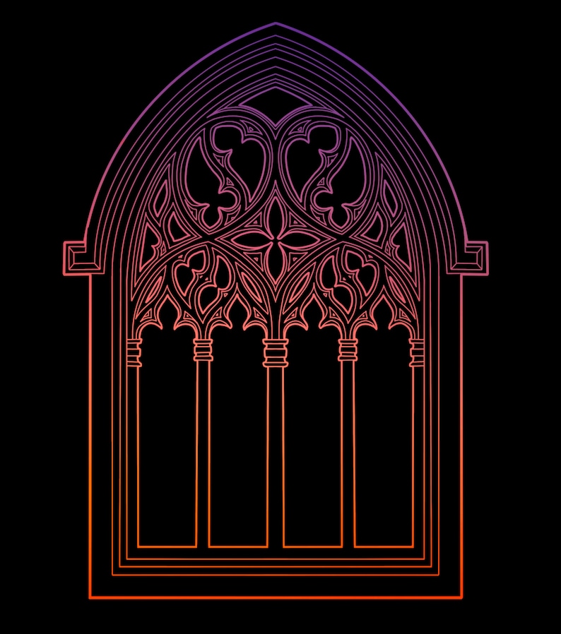 K&ouml;nnte beinhalten: Eine Illustration eines gotischen Fensters mit gew&ouml;lbtem Oberteil und aufwendigen Details. Das Design verwendet einen Farbverlauf, der von Orange nach Lila &uuml;bergeht, vor einem schwarzen Hintergrund. Das Fenster ist in drei vertikale Abschnitte unterteilt.