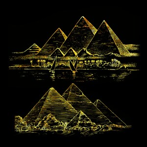 Peut inclure: Illustration dor&eacute;e des pyramides de Gizeh sur fond noir. L'image repr&eacute;sente les pyramides, des palmiers, des voiliers sur une rivi&egrave;re et un village. L'&oelig;uvre d'art est de style vintage et grav&eacute;.