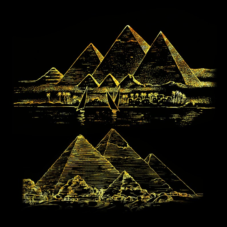 Peut inclure: Illustration dor&eacute;e des pyramides de Gizeh sur fond noir. L'image repr&eacute;sente les pyramides, des palmiers, des voiliers sur une rivi&egrave;re et un village. L'&oelig;uvre d'art est de style vintage et grav&eacute;.