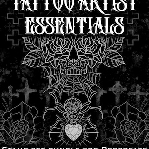 Könnte beinhalten: Schwarz-weiße Illustration mit dem Text "TATTOO ARTIST ESSENTIALS" und "STAMP SET BUNDLE FOR PROCREATE". Das Design zeigt einen Schädel, Rosen, Spinnweben und eine Spinne mit einem herzförmigen Edelstein.