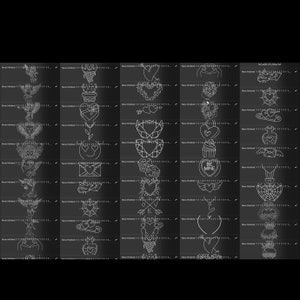 Pu&ograve; includere: Una collezione di disegni a linea bianca su sfondo nero. I disegni includono cuori, amorini, fiori e altri simboli romantici. Il testo "New Helmet 11121111111111..." &egrave; ripetuto nella parte superiore di ogni disegno.