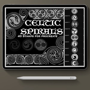 May include: A digital art display showcasing Celtic spiral designs. The screen displays the words "CELTIC SPIRALS" and "40 STAMPS FOR PROCREATE". A white stylus pen rests below the screen. The designs are in black and white.
