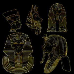 Peut inclure: Illustrations dor&eacute;es de figures &eacute;gyptiennes antiques sur fond noir. L'image comprend des repr&eacute;sentations de N&eacute;fertiti, Anubis, un sphinx et des pharaons, mettant en valeur des d&eacute;tails complexes et des th&egrave;mes historiques.