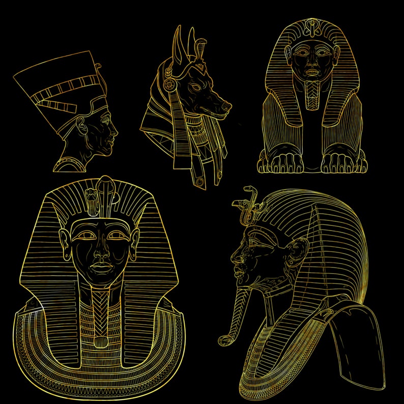 Peut inclure: Illustrations dor&eacute;es de figures &eacute;gyptiennes antiques sur fond noir. L'image comprend des repr&eacute;sentations de N&eacute;fertiti, Anubis, un sphinx et des pharaons, mettant en valeur des d&eacute;tails complexes et des th&egrave;mes historiques.