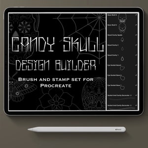 May include: A black digital tablet shows a "Candy Skull Design Builder" interface with skull and floral illustrations. The text "Brush and Stamp Set for Procreate" is also visible. A white Apple Pencil rests below the tablet.