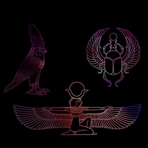 Peut inclure: Illustration num&eacute;rique de trois symboles de l'&Eacute;gypte ancienne. Les symboles comprennent une divinit&eacute; &agrave; t&ecirc;te de faucon, un scarab&eacute;e ail&eacute; et une figure aux ailes d&eacute;ploy&eacute;es, le tout dans un d&eacute;grad&eacute; rose, violet et orange sur fond noir.