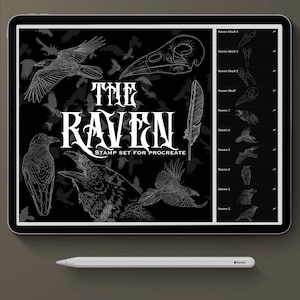 Puede incluir: Un conjunto de sellos de arte digital para Procreate, con ilustraciones de cuervos. El diseño en blanco y negro incluye calaveras de cuervo, plumas y varias poses de cuervo. El texto "THE RAVEN" y "STAMP SET FOR PROCREATE" se muestra.