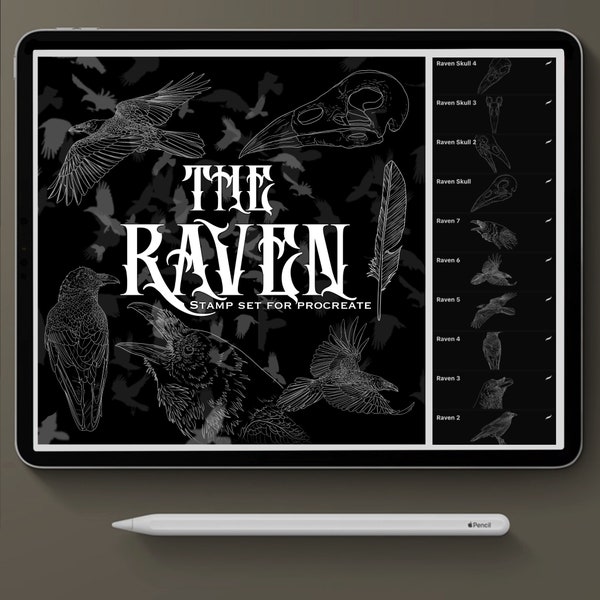 Procreate tattoo, The Raven, Stamp set for procreate