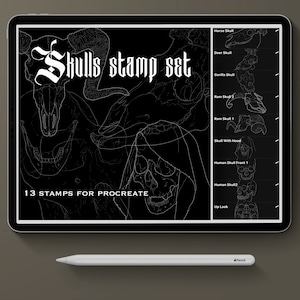 May include: A black digital tablet shows a "Skulls stamp set" with 13 stamps for Procreate. The set includes various skull illustrations, such as horse, deer, gorilla, and human skulls. A white Apple Pencil rests below the tablet.