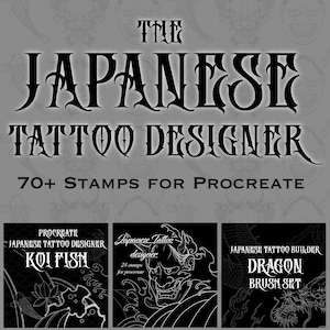 Könnte beinhalten: Ein digitales Kunstdesign für Procreate mit japanischen Tattoo-Designs. Das Bild zeigt den Text "THE JAPANESE TATTOO DESIGNER" mit "70+ STAMPS FOR PROCREATE". Unten sind drei Schwarz-Weiß-Designbeispiele: Koi Fish, eine Dämonenmaske und ein Drachenpinselset.