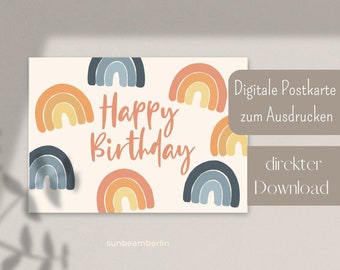 Geburtstagskarte zum Sofort-Download | Postkarte "Happy Birthday" | bunte Regenbogen | einfach herunterladen und ausdrucken