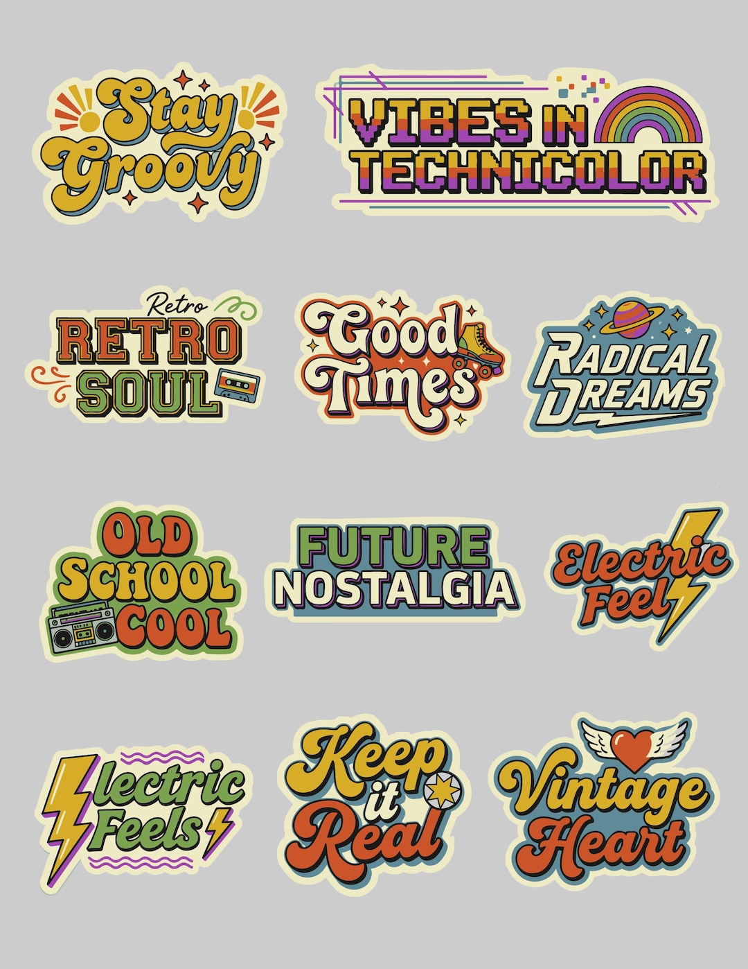 Retro Sticker Pack – 70s 80s Typography, Skateboard, Helmet Designs ...