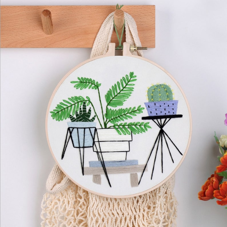 Party Gift Modern Embroidery Needlework Kit Handmade Embroidery Wall Decoration Kit 3 Pcs Green Plant Embroidery Kit