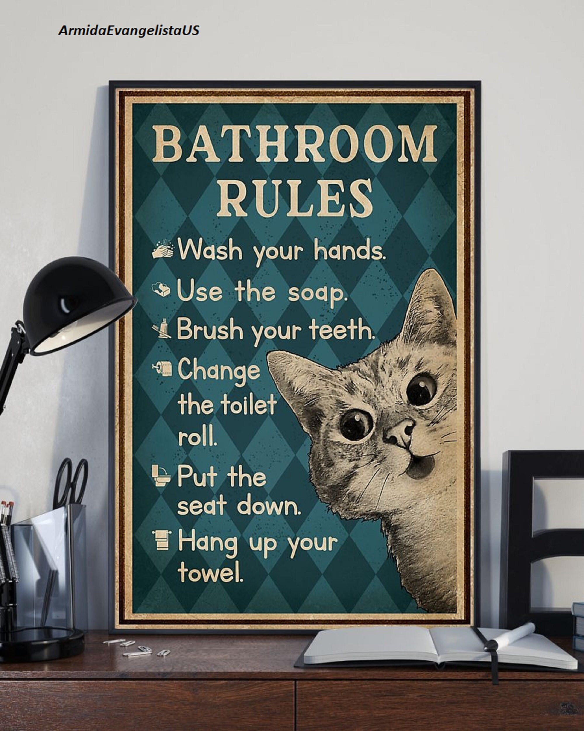 Bathroom Rules Cat Vertical Poster Etsy