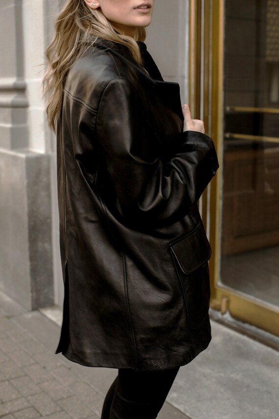 vintage genuine black leather coat / oversized co… - image 3