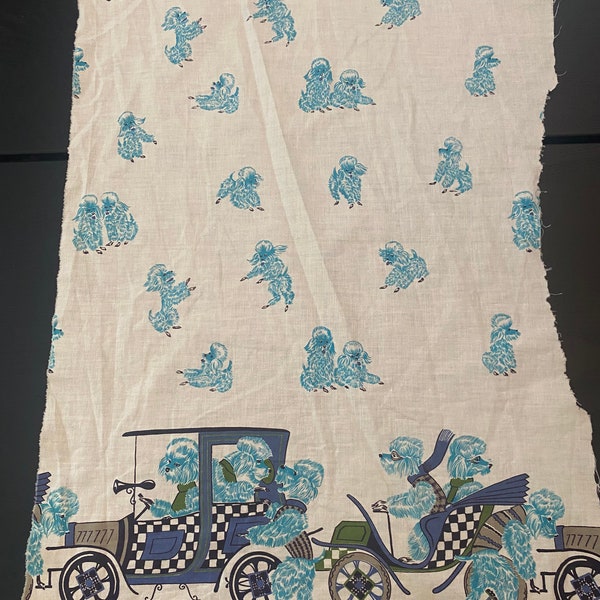 Vintage border print fabric remnant blue  poodles in cars