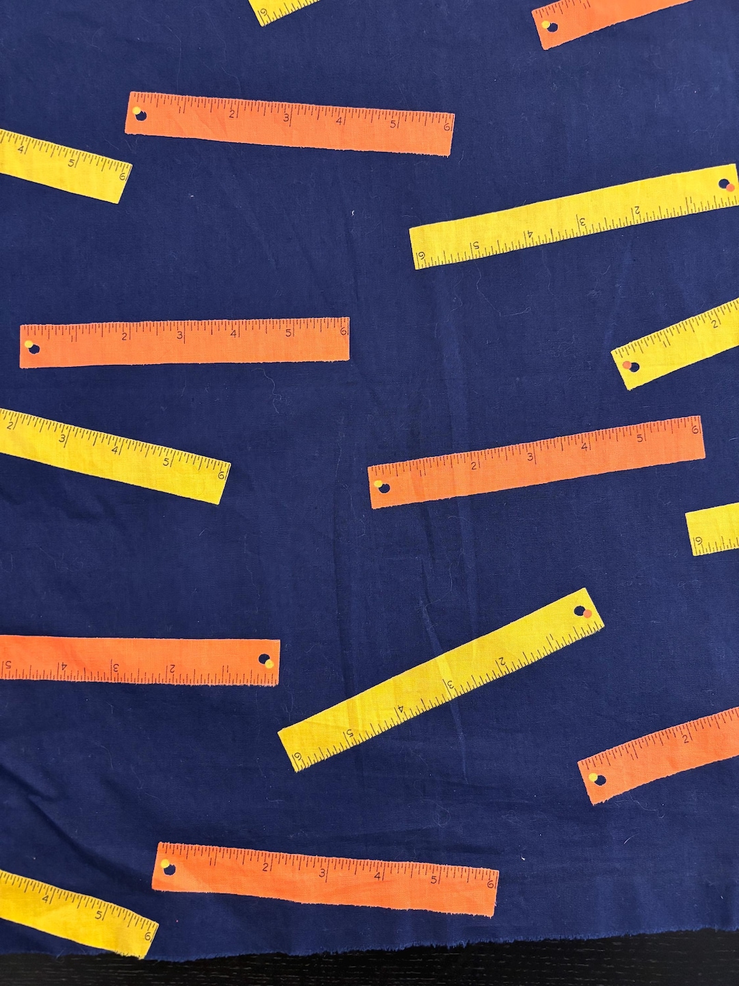 Vintage Ruler Print Cotton Fabric Remnant: Navy, Orange, Yellow (17 1/2 ...