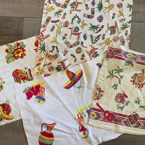 Lot of 4 vintage cotton fabric remnants. Novelty Hispanic/Mexcian Prints.  Quilt  Craft