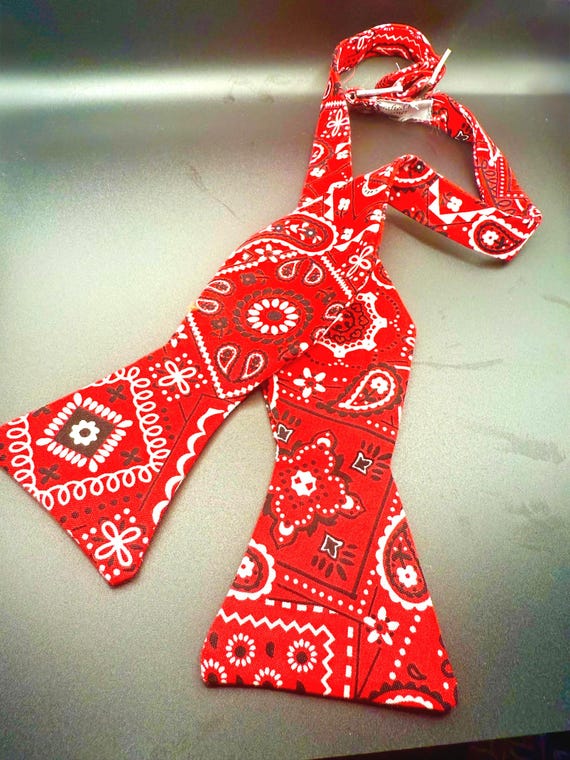 Red Bandana Self Tie Bow Tie w/ Silver Hardware