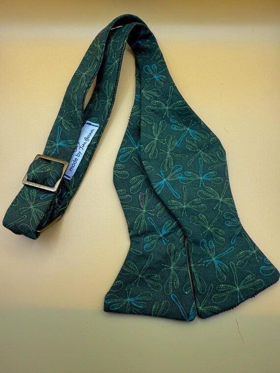 Olive Green Dragonfly Self Tie Bow Tie with Brass Hardware
