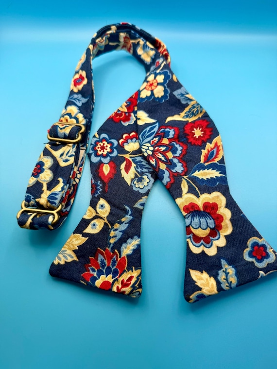 Dark Blue with Red, Tan & Blue Flowers Self Tie Bow Tie