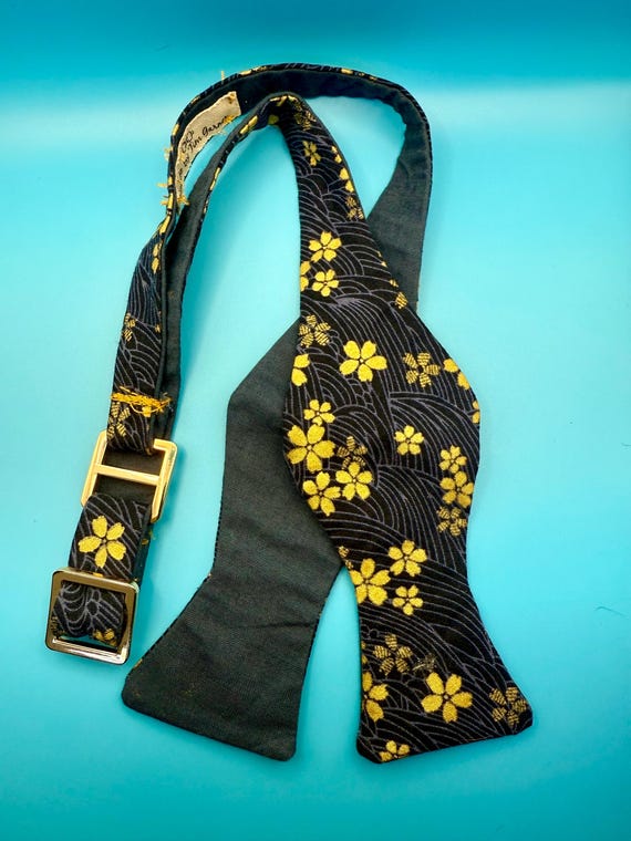 Dark Blue with Gold Cherry Blossom Flowers. Self Tie Bow Tie