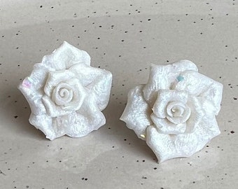 Wedding White Rose Earrings {Glitter}