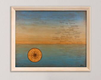 Florida New World Mariner's Star | 16x20 Print | Map Painting | Ocean | Sunset | Contemporary Art | Wall Decor | Gift Idea