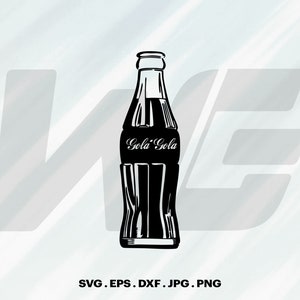 May include: Black and white illustration of a glass bottle of cola with the text "Gola Gola" on the label.