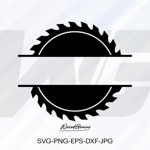 Puede incluir: Silueta en blanco y negro de una hoja de sierra circular con una línea horizontal en el centro para texto. El texto "SVG-PNG-EPS-DXF-JPG" está debajo de la imagen.