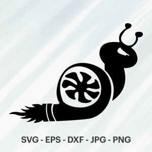 May include: Black and white silhouette of a snail with a turbocharger for a shell. The snail is facing right and has a small tail.